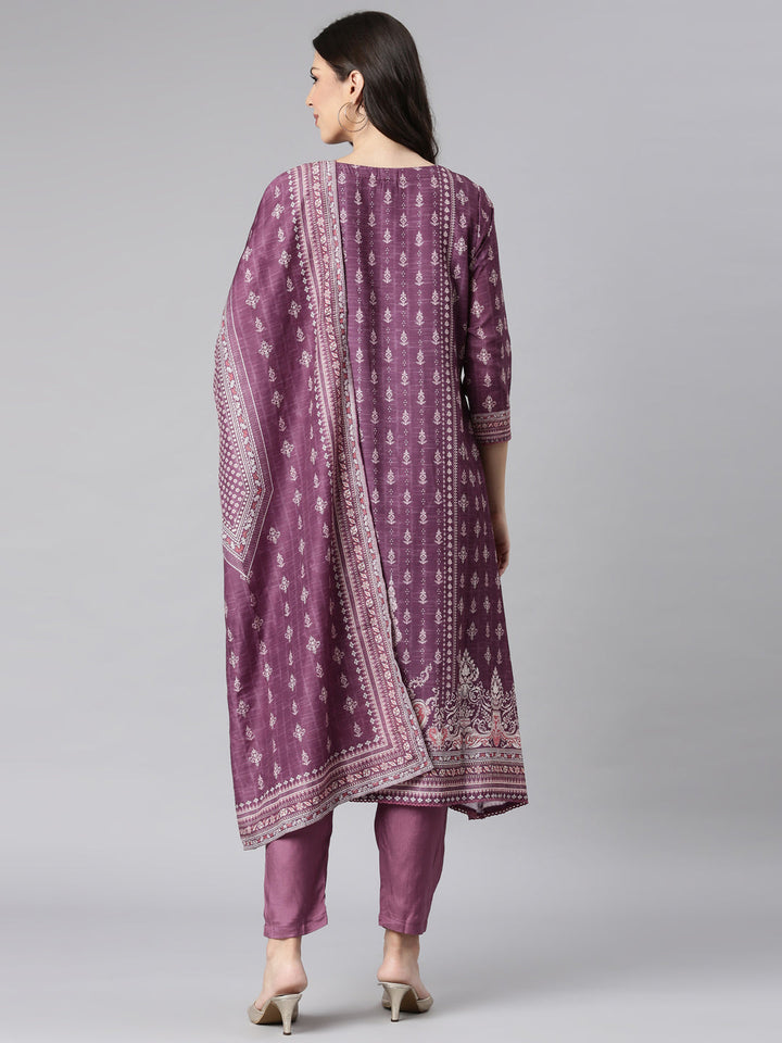 Neerus Purple Printed Kaftan Kurta and Trousers With Dupatta