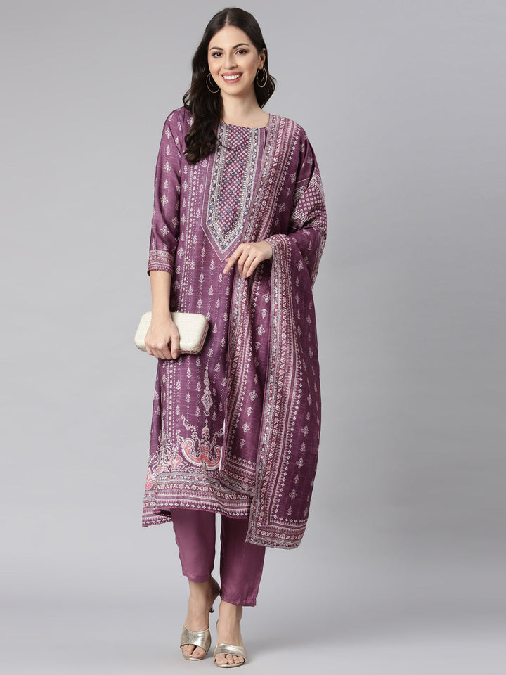Neerus Purple Printed Kaftan Kurta and Trousers With Dupatta