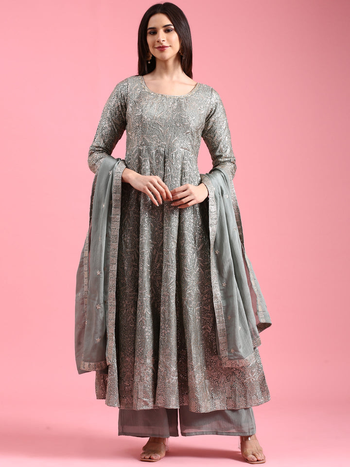 Green Chinon Heavy Embroidered Kali With Palazzo