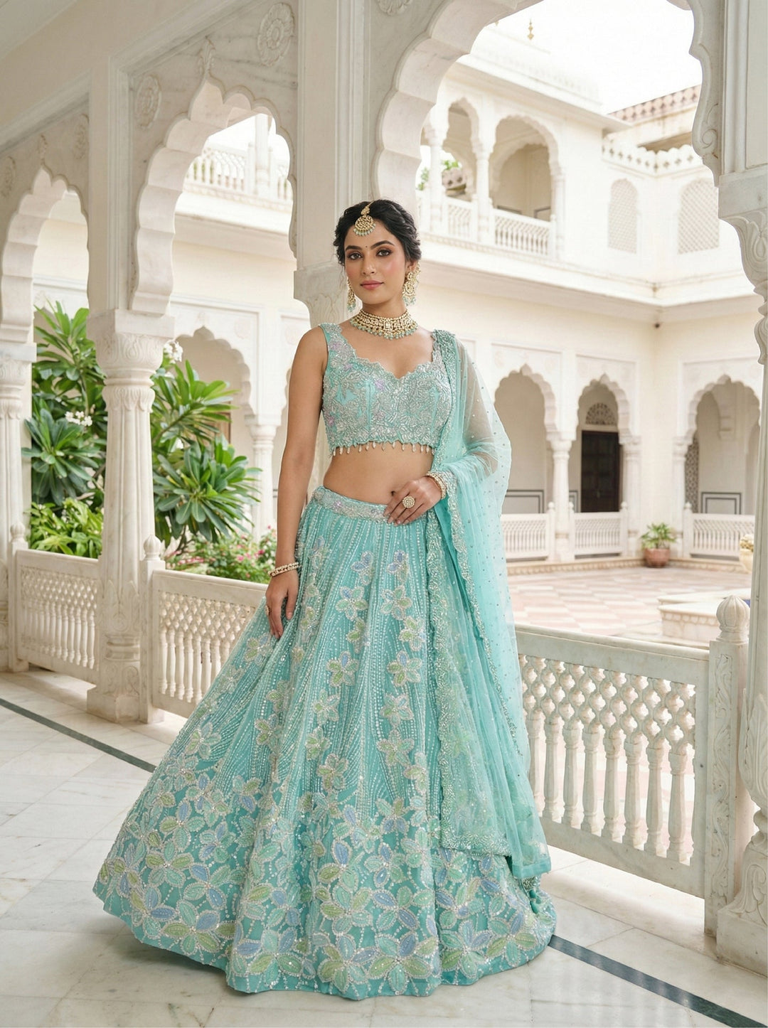 Neerus Blue net embellished lehenga set - front view