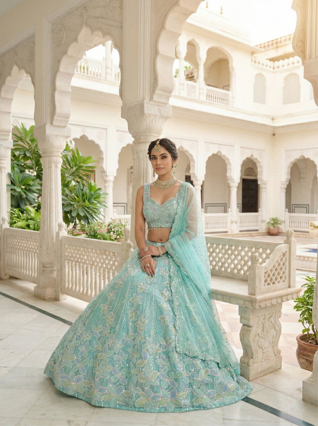 Neerus Blue net embellished lehenga set - back view