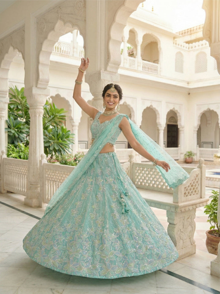 Neerus Blue net embellished lehenga set - side view