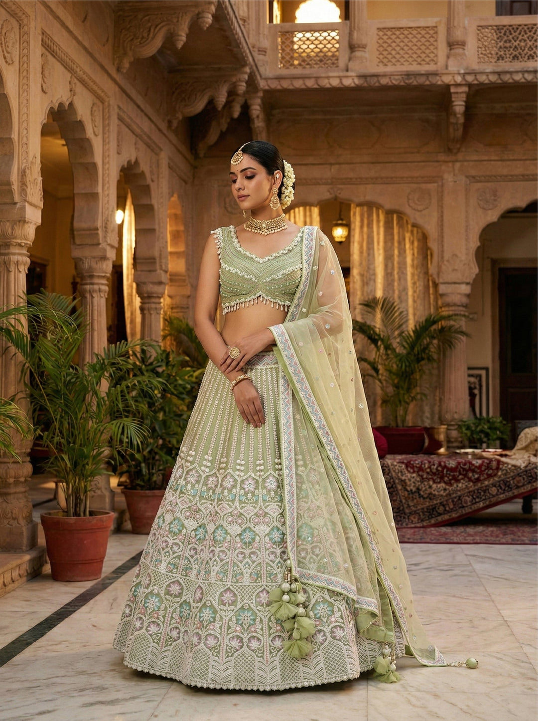 Neerus Green net embellished lehenga set - front view