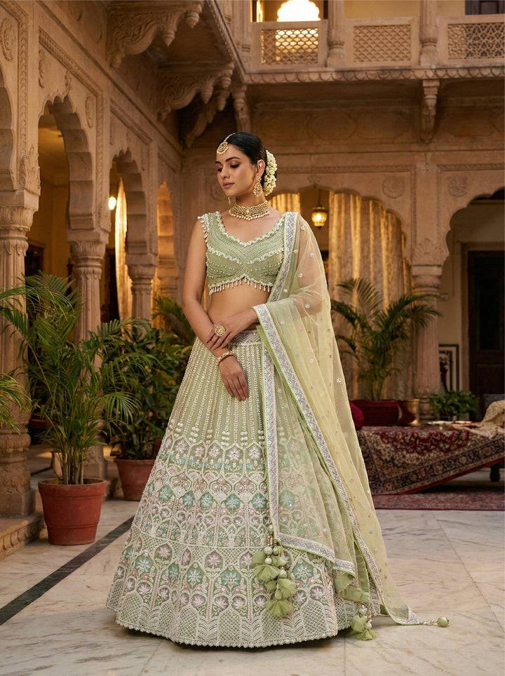 Neerus Green net embellished lehenga set - front view