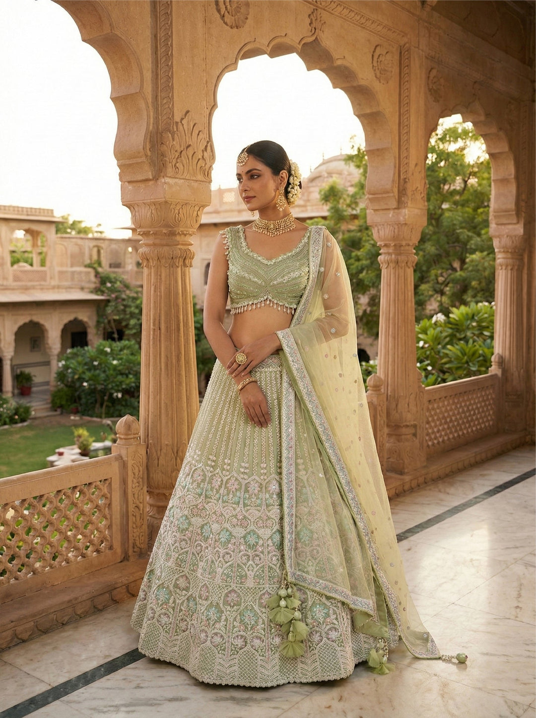 Neerus Green net embellished lehenga set - back view