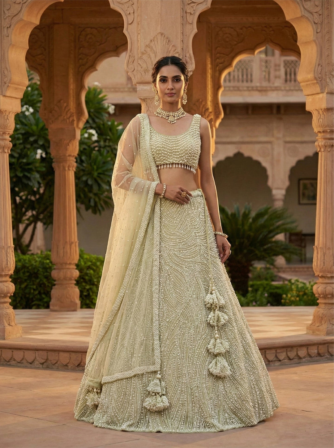 Neerus White net embellished lehenga set - front view