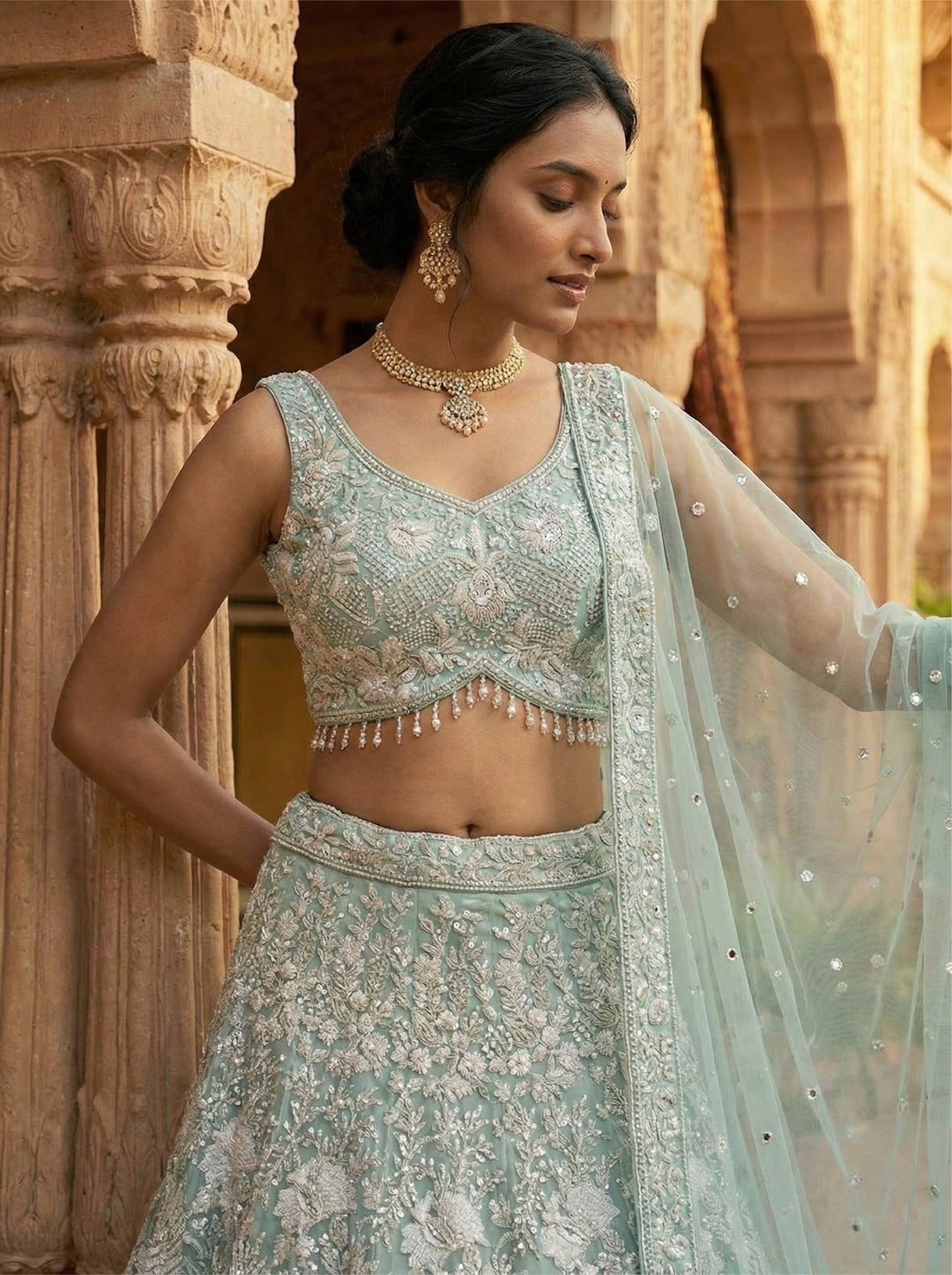 Neerus Green net embroidered lehenga set - detail view 1