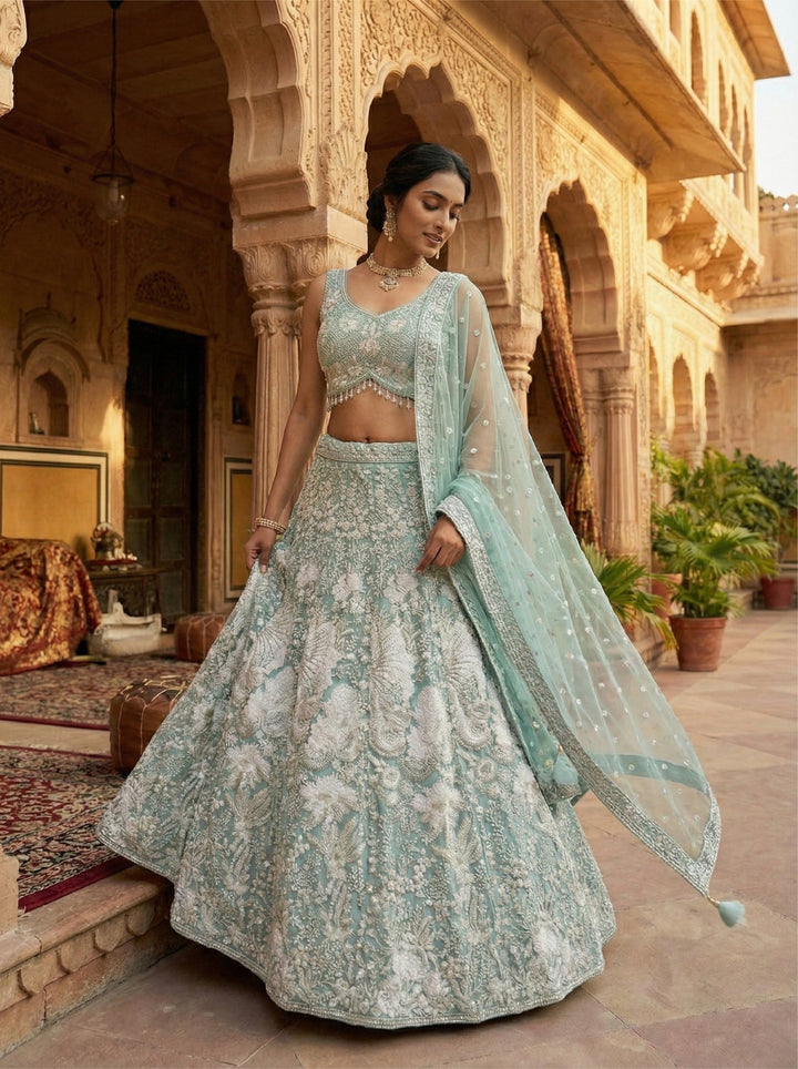 Neerus Green net embroidered lehenga set - side view