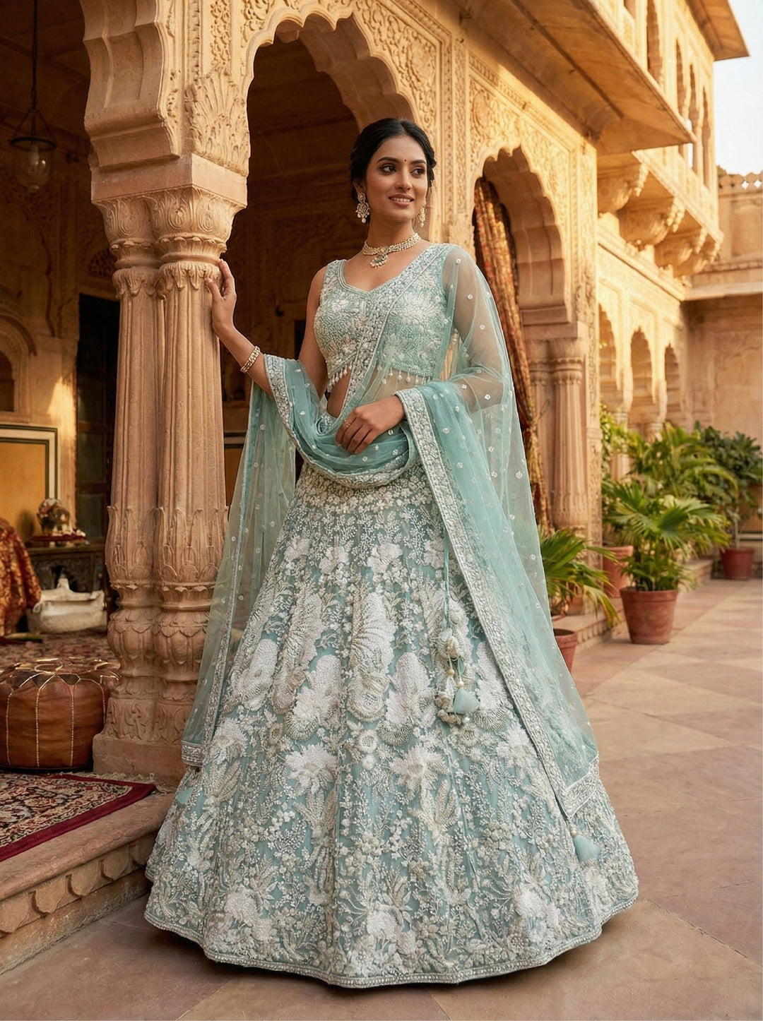 Neerus Green net embroidered lehenga set - back view