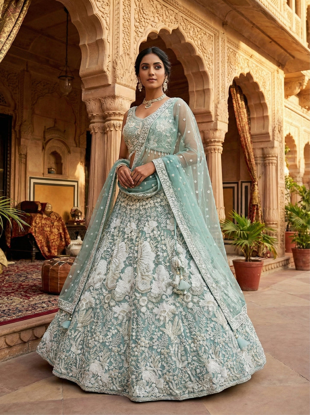Neerus Green net embroidered lehenga set - front view