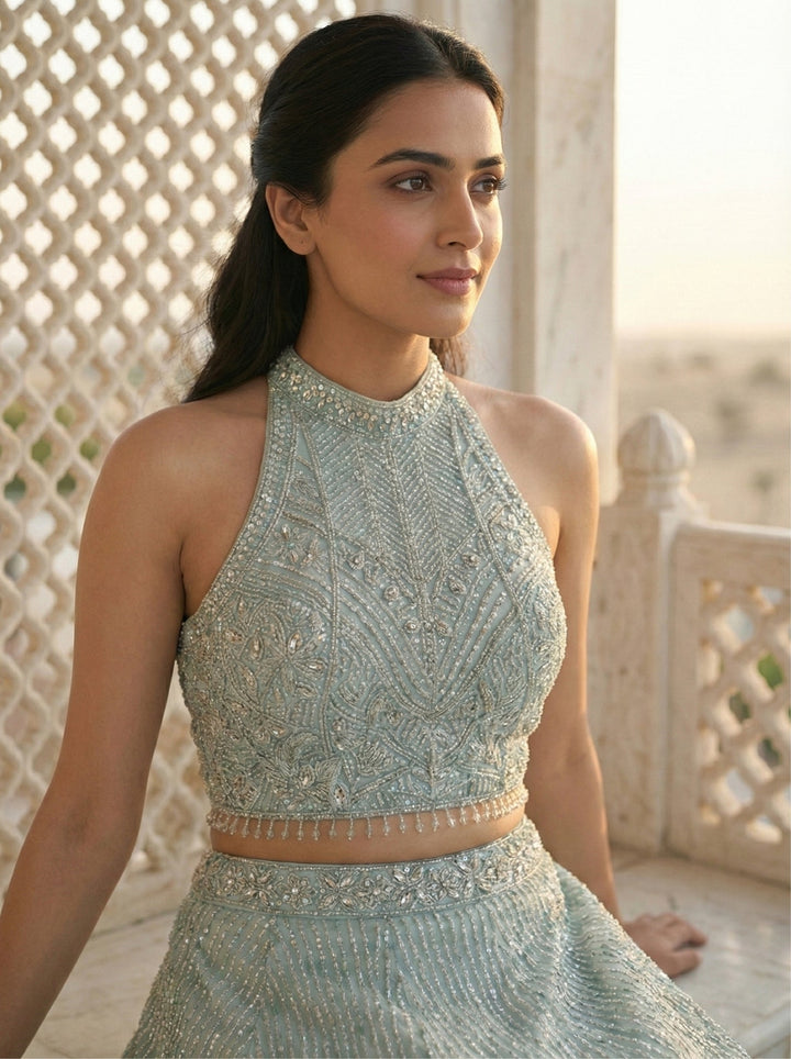 Neerus Green net embellished lehenga set - side view