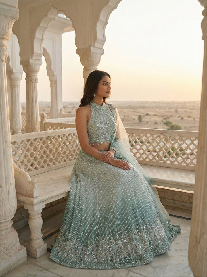Neerus Green net embellished lehenga set - back view