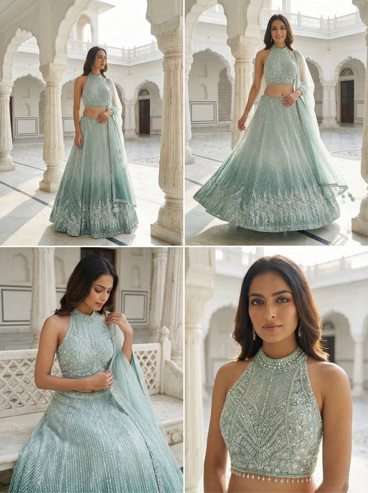 Neerus Green net embellished lehenga set - detail view 1