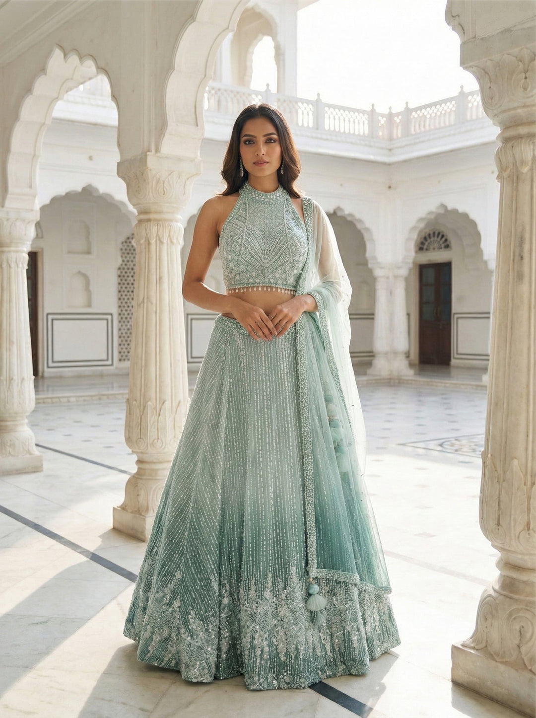 Neerus Green net embellished lehenga set - front view