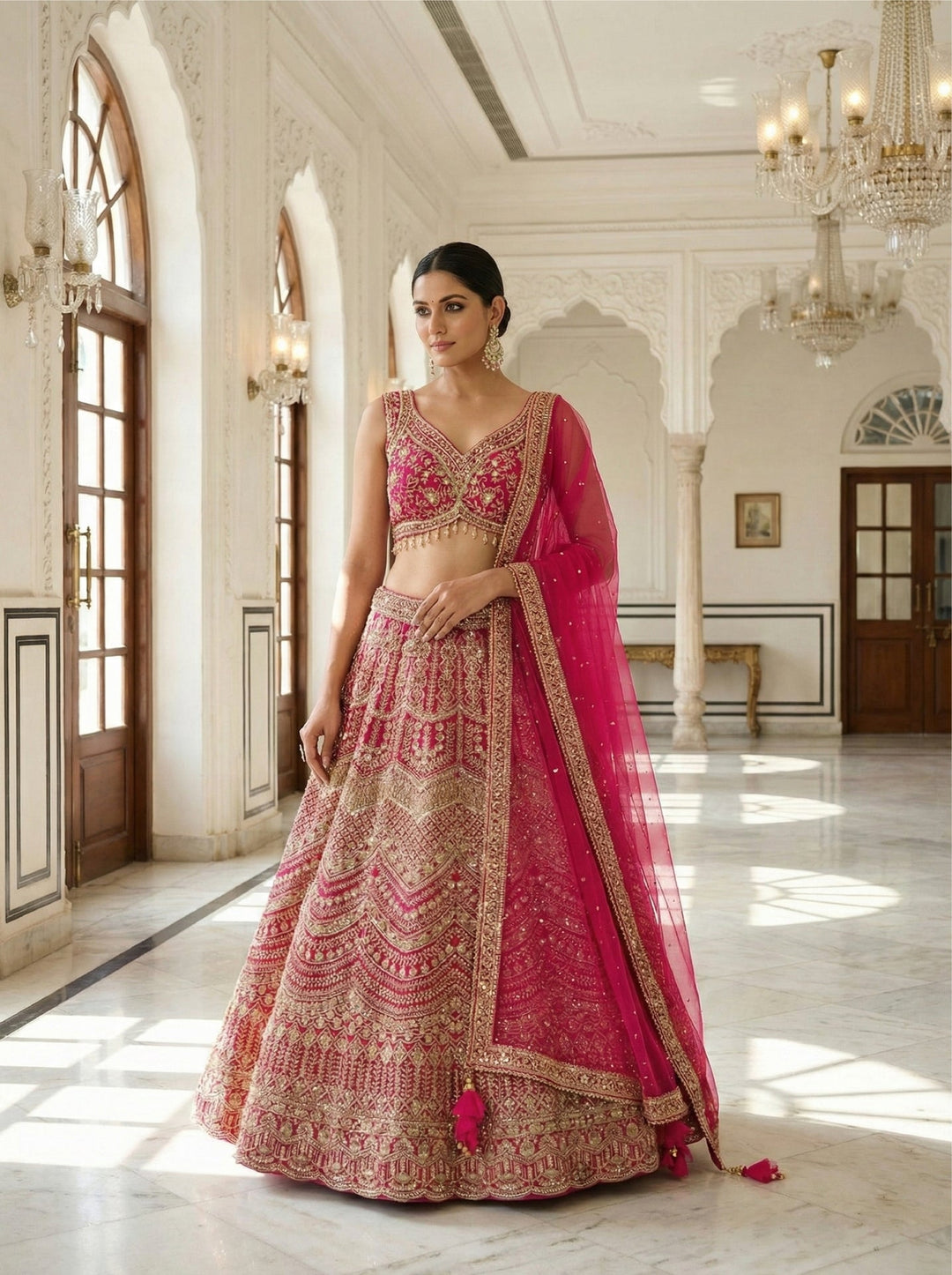 Neerus Pink net embroidered lehenga set - front view