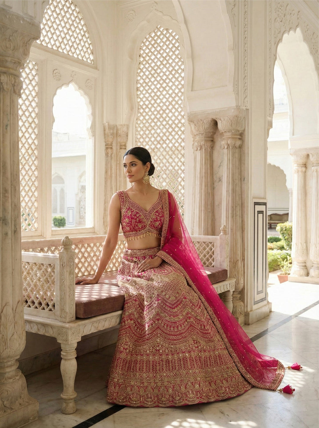 Neerus Pink net embroidered lehenga set - back view