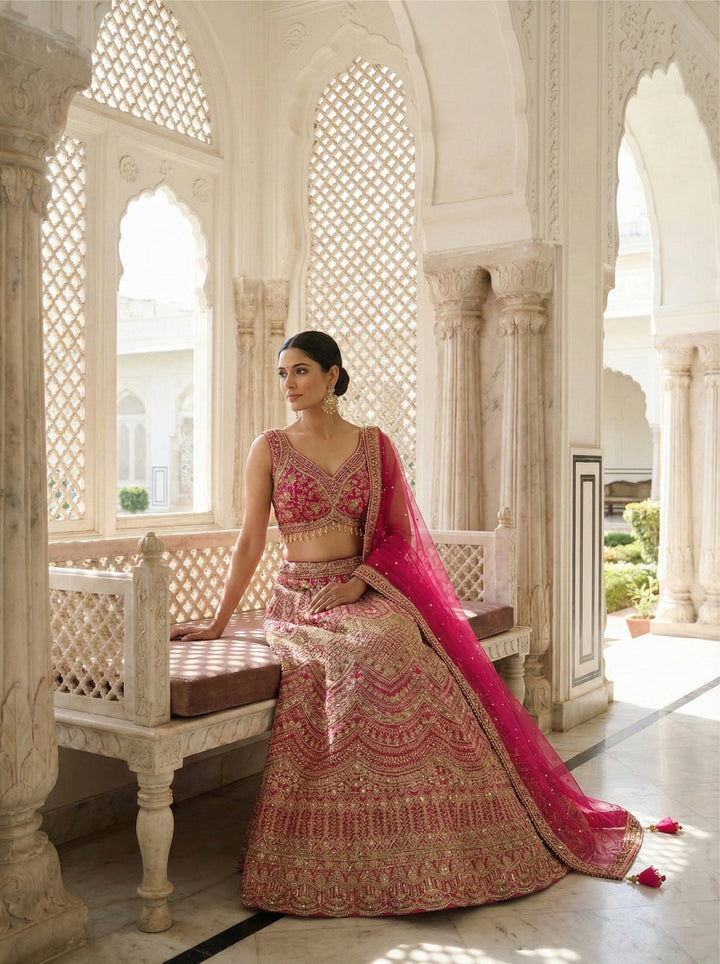 Neerus Pink net embroidered lehenga set - back view