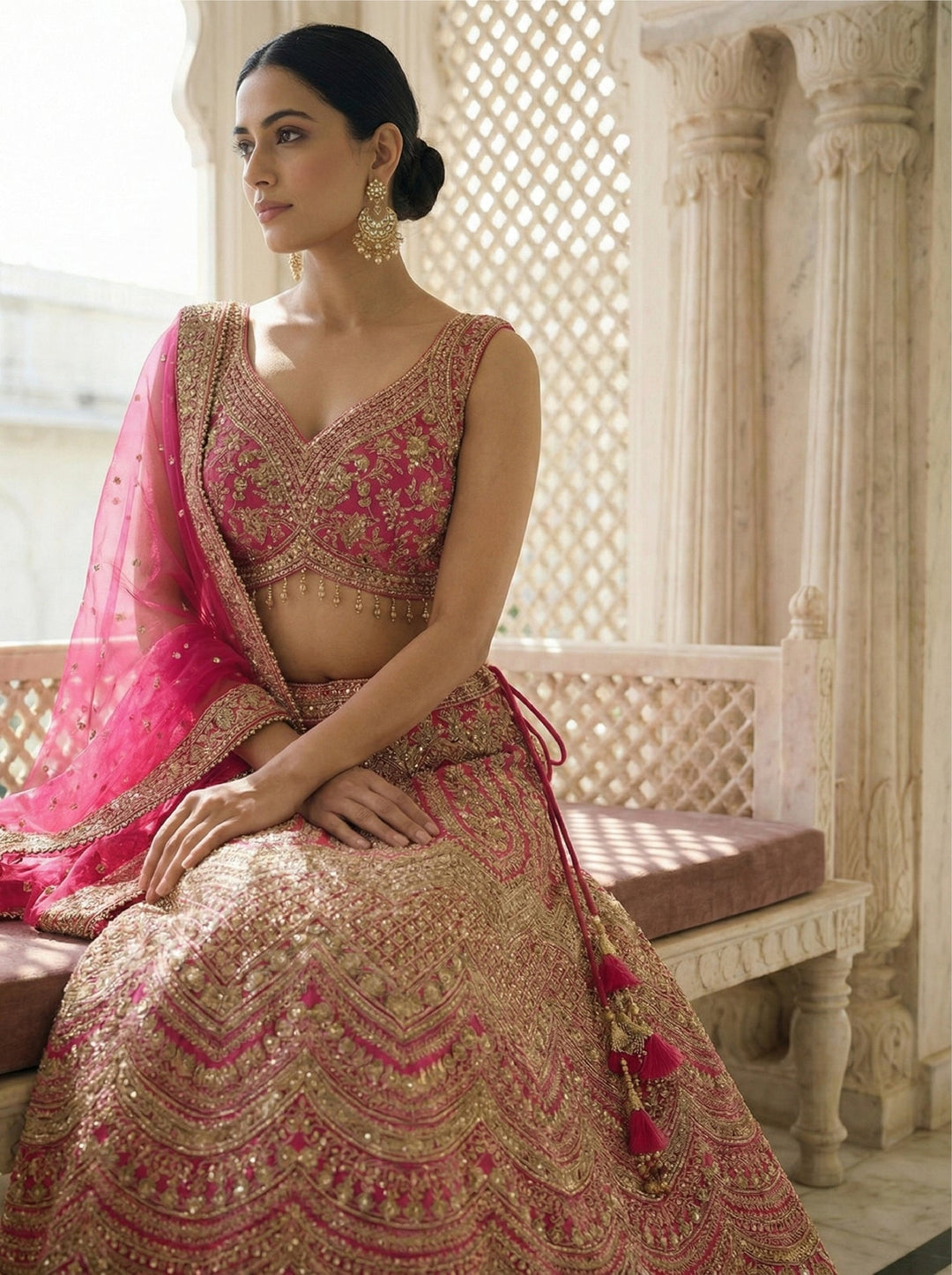 Neerus Pink net embroidered lehenga set - side view