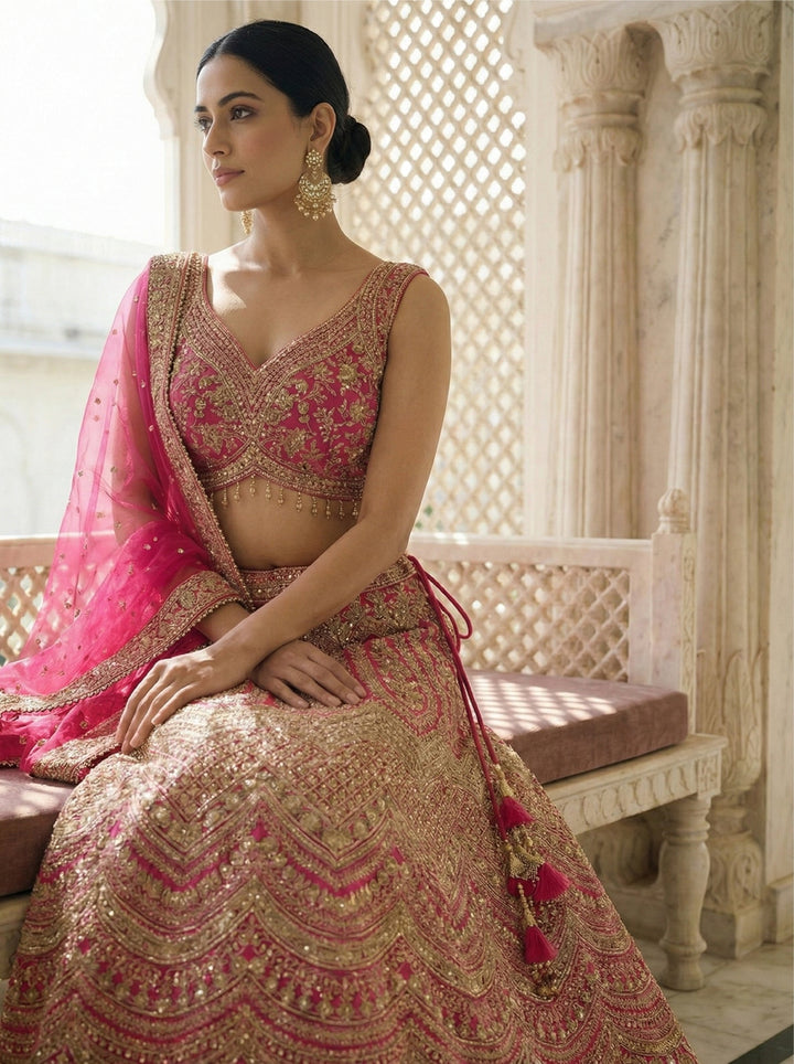 Neerus Pink net embroidered lehenga set - side view