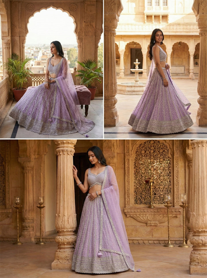 Neerus Purple net hand embroidered lehenga set - side view