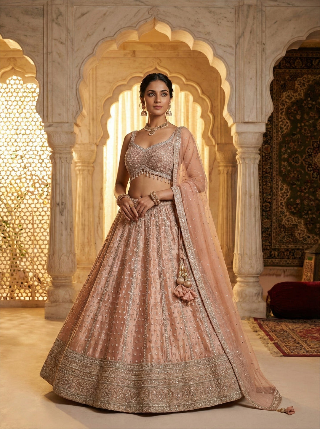 Neerus Pink net hand embroidered lehenga set - front view