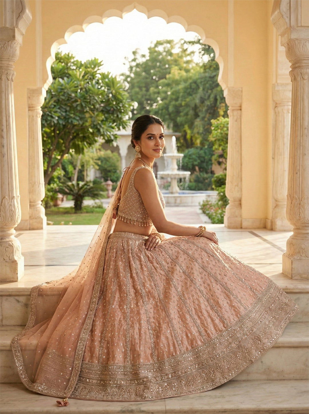 Neerus Pink net hand embroidered lehenga set - back view
