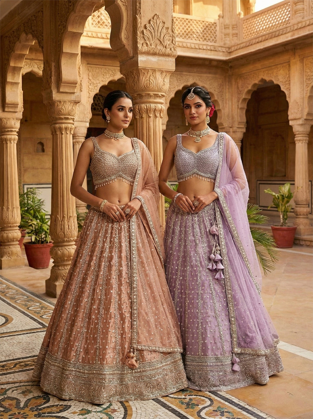 Neerus Pink net hand embroidered lehenga set - side view