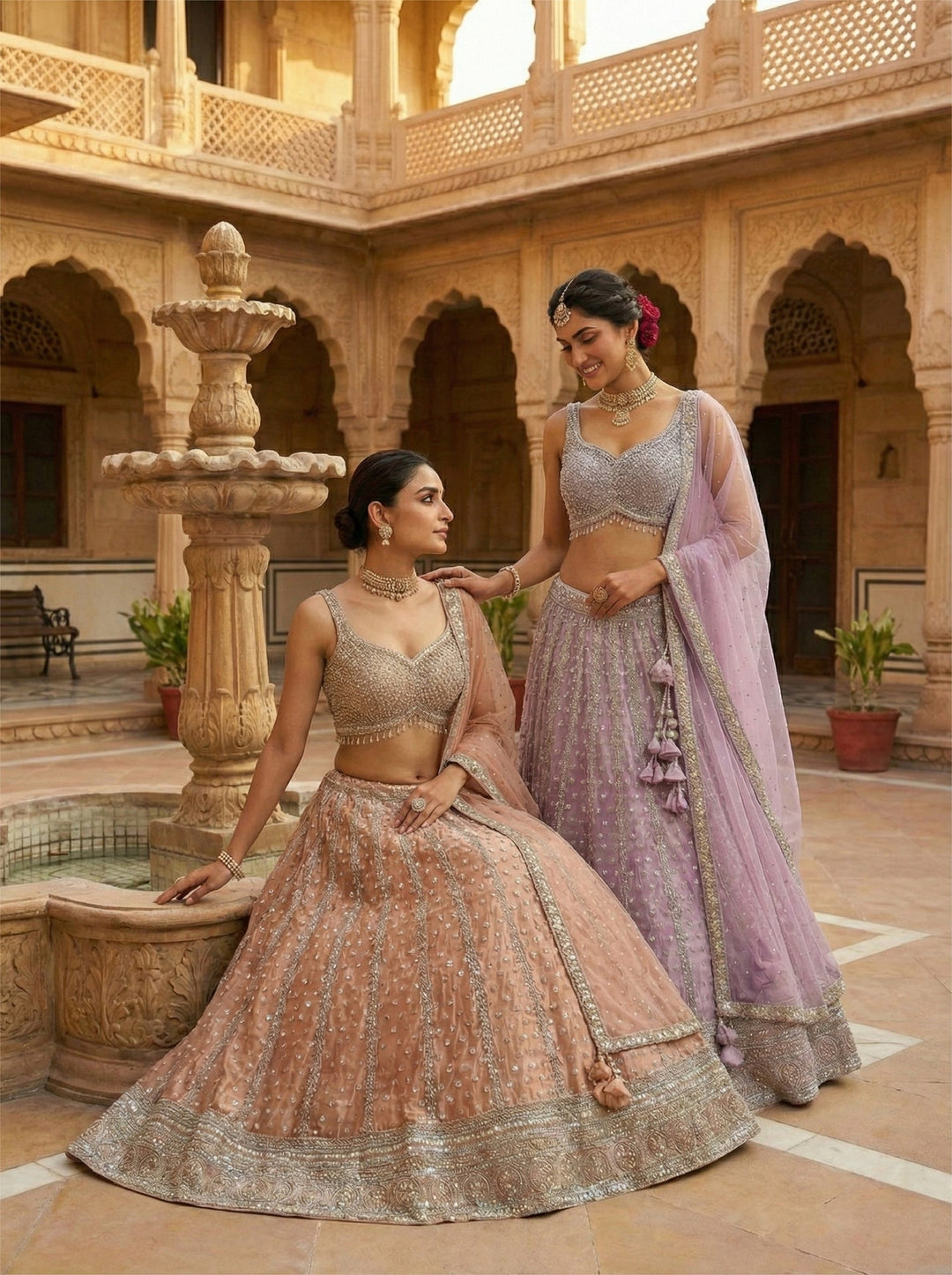 Neerus Pink net hand embroidered lehenga set - detail view 1