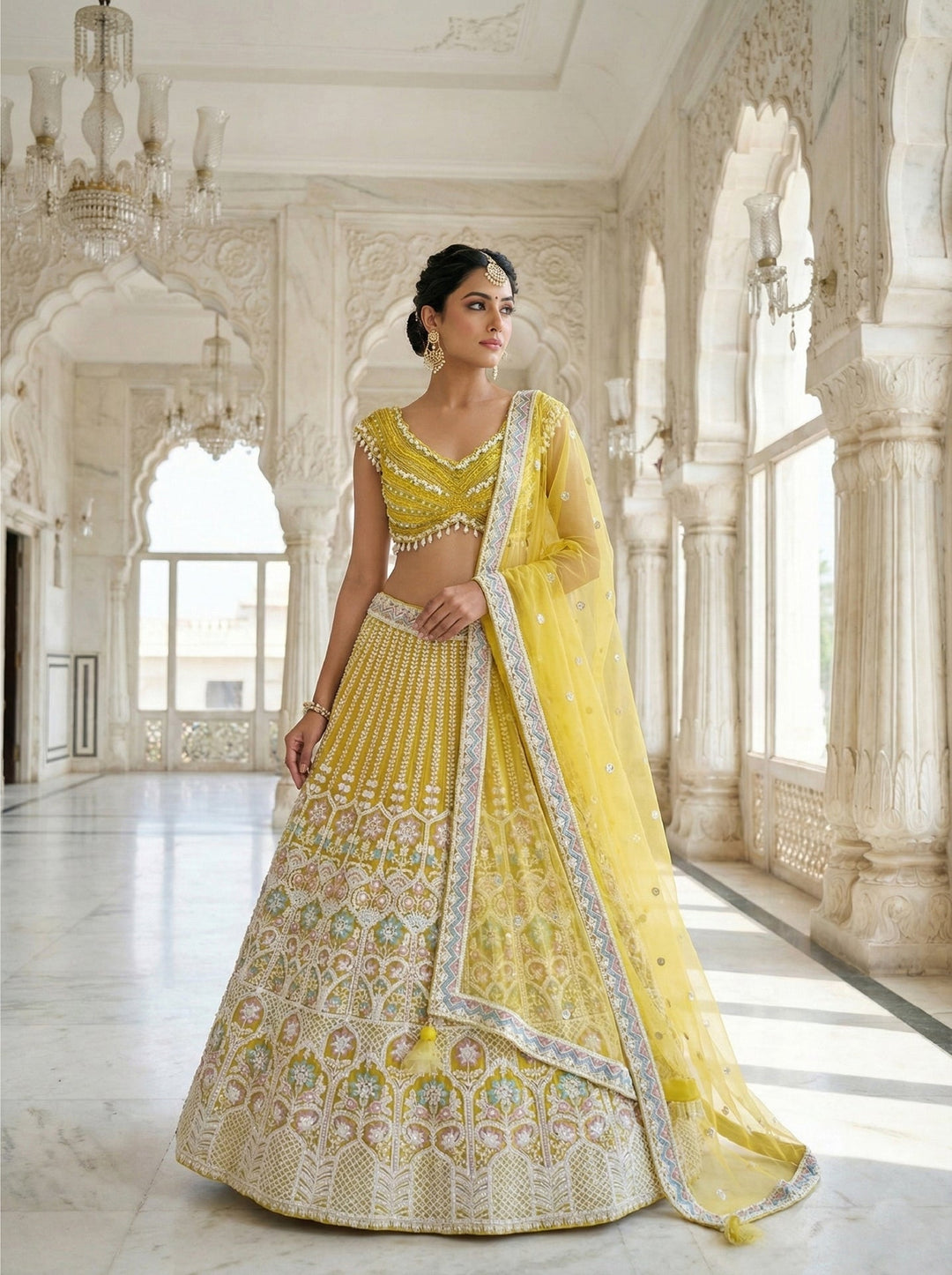 Neerus Yellow net embellished lehenga set - front view