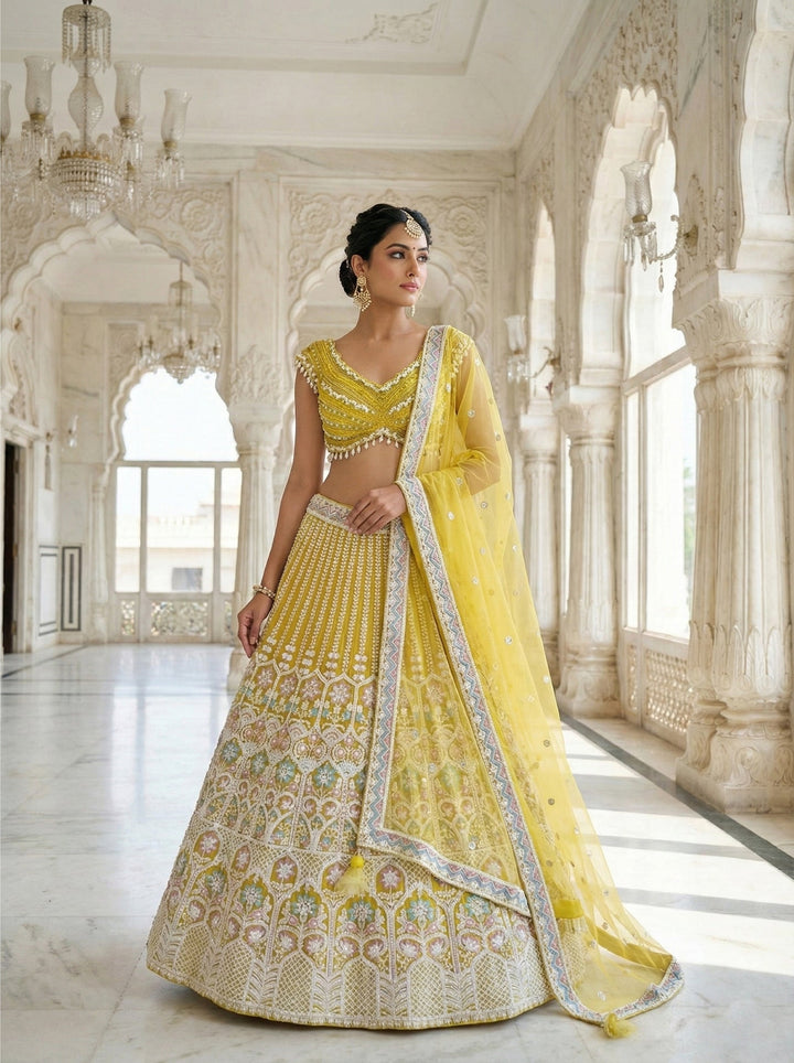 Neerus Yellow net embellished lehenga set - front view