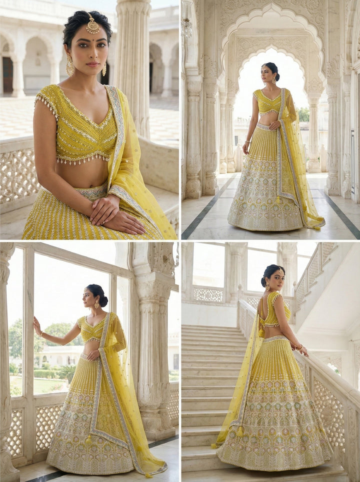 Neerus Yellow net embellished lehenga set - back view