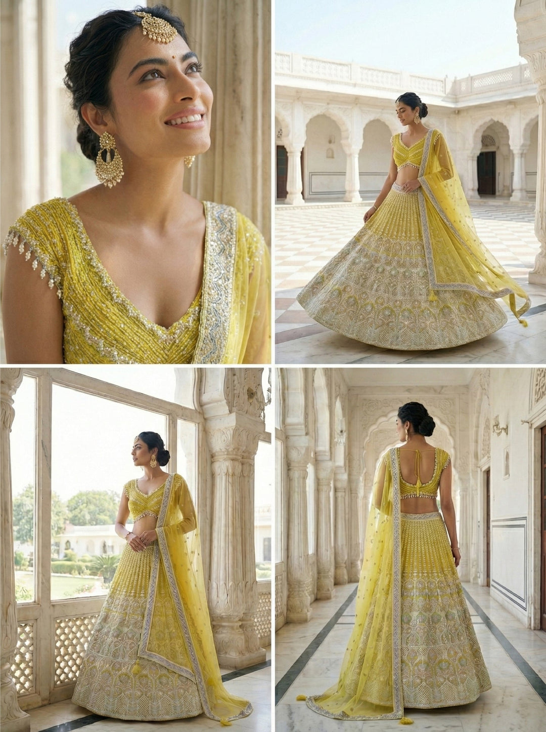 Neerus Yellow net embellished lehenga set - side view