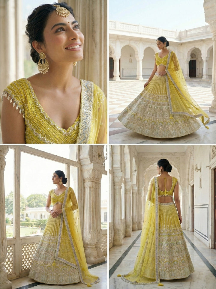 Neerus Yellow net embellished lehenga set - side view
