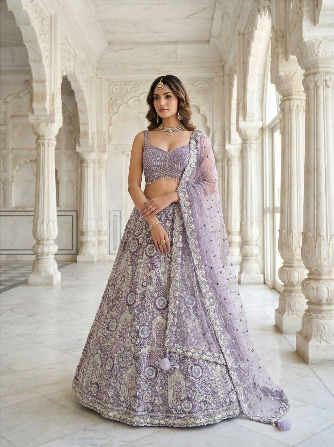 Neerus Purple net embellished lehenga set - front view