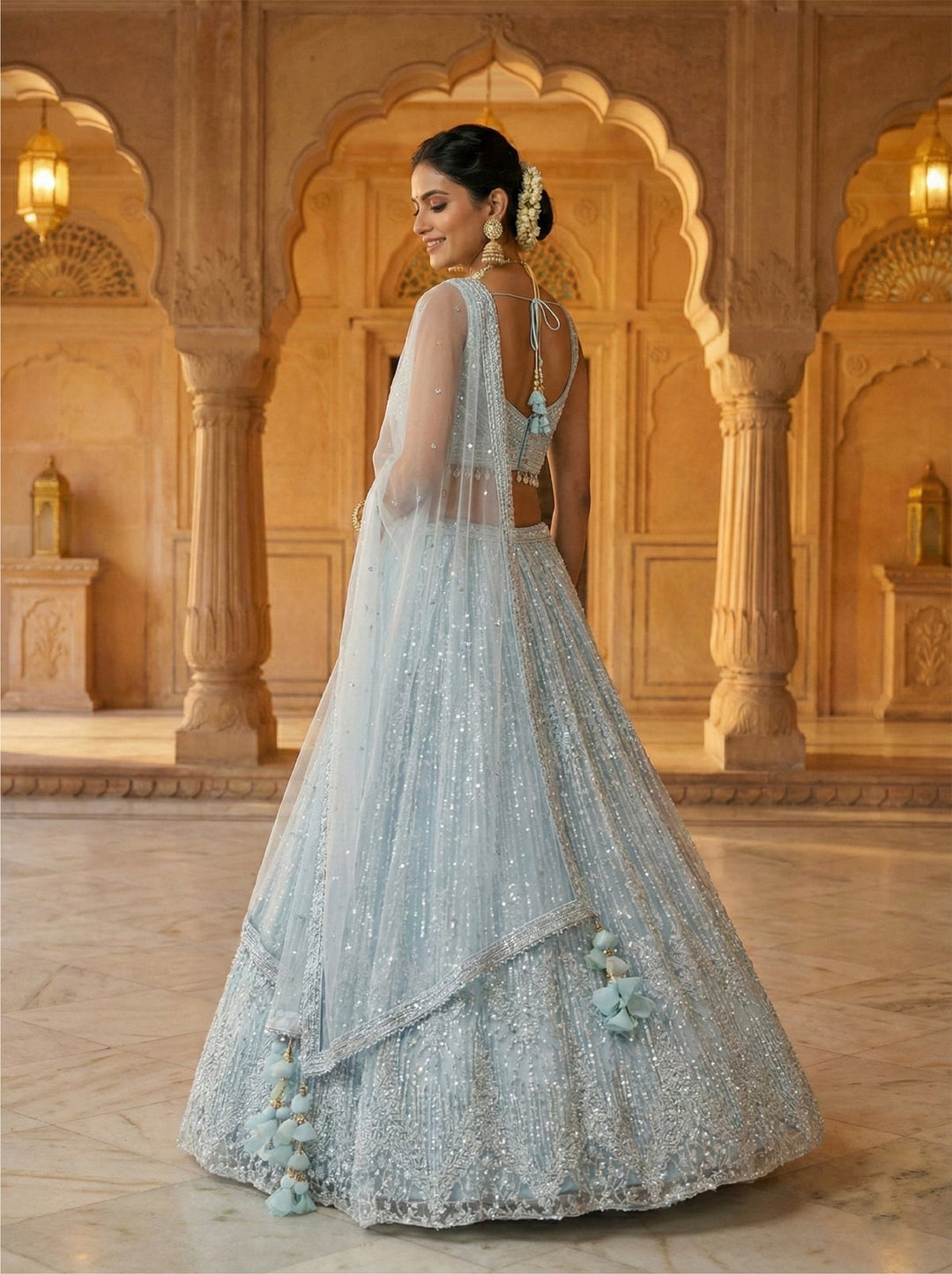 Neerus Blue net hand embroidered lehenga set - back view