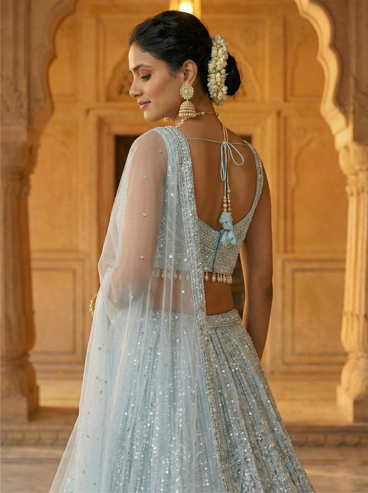 Neerus Blue net hand embroidered lehenga set - side view