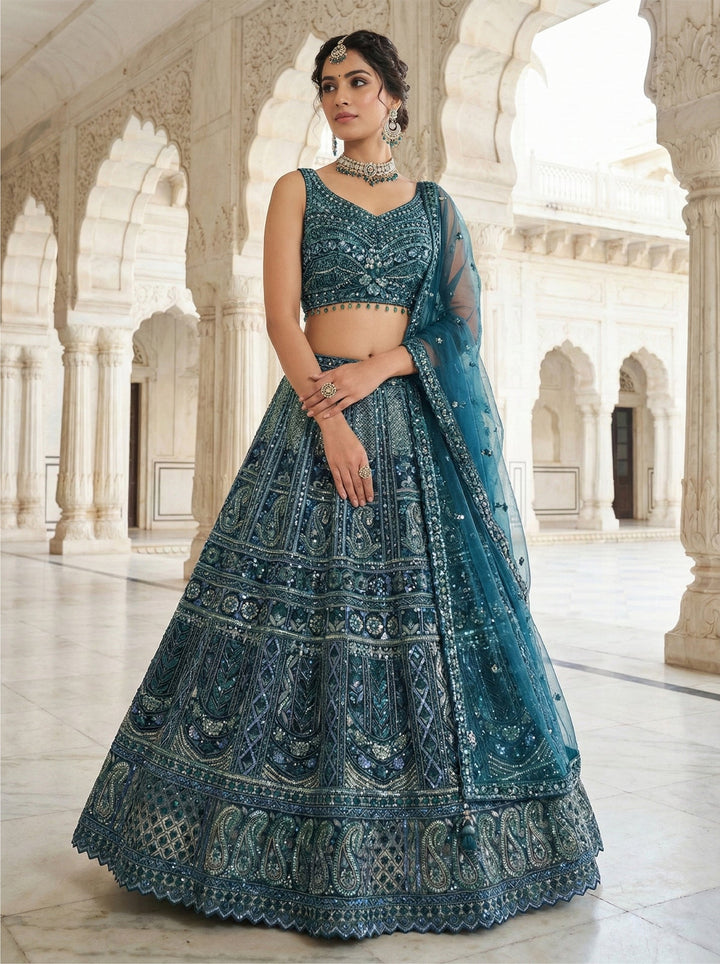 Neerus Green net hand embroidered lehenga set - front view