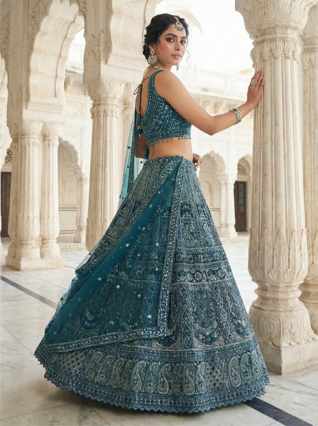 Neerus Green net hand embroidered lehenga set - back view