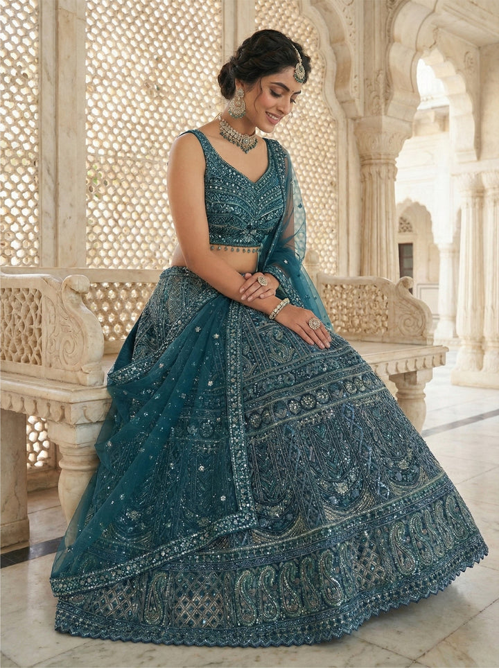Neerus Green net hand embroidered lehenga set - side view