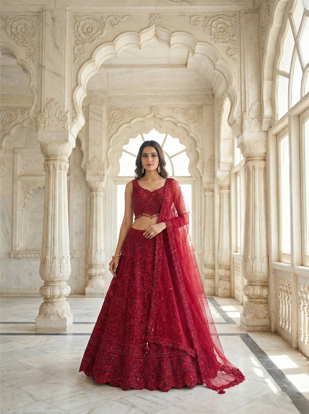Neerus Red tissue hand embroidered lehenga set - front view