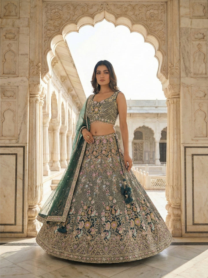 Neerus Green net hand embroidered lehenga set - front view
