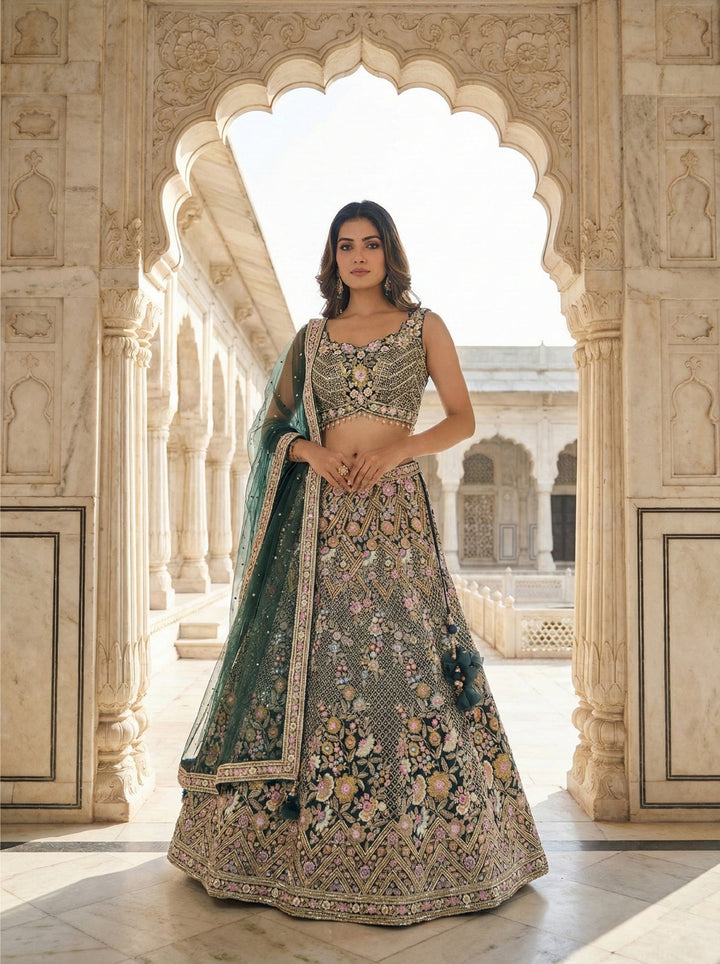 Neerus Green net hand embroidered lehenga set - back view