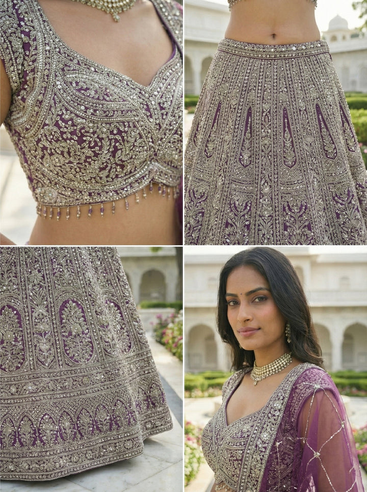 Neerus Maroon net hand embroidered lehenga set - side view