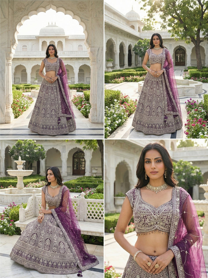 Neerus Maroon net hand embroidered lehenga set - back view