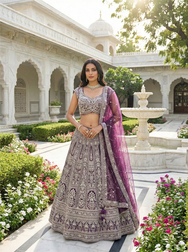 Neerus Maroon net hand embroidered lehenga set - front view