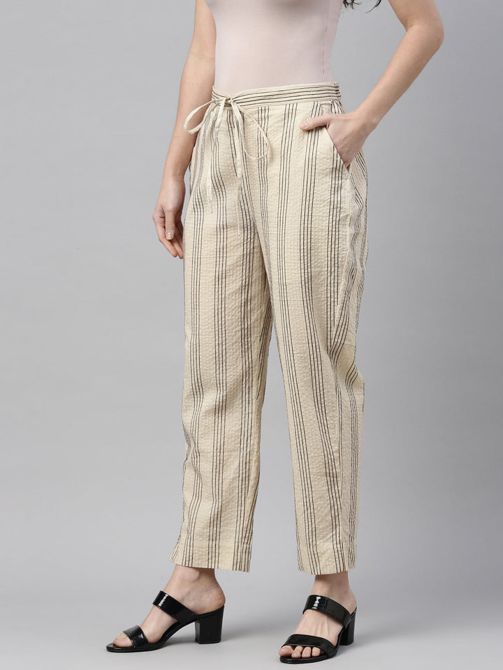 Neerus Beige cotton solid straight pant - back view