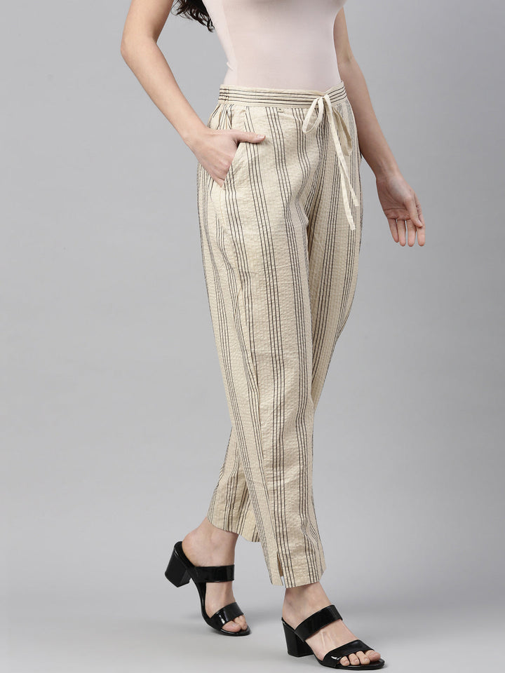 Neerus Beige cotton solid straight pant - side view