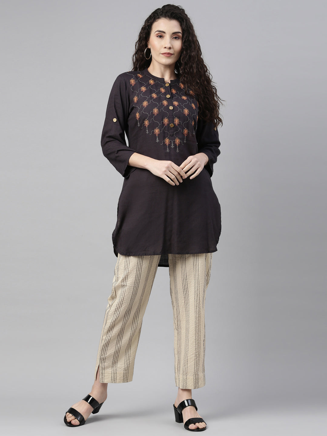 Neerus Beige cotton solid straight pant - front view