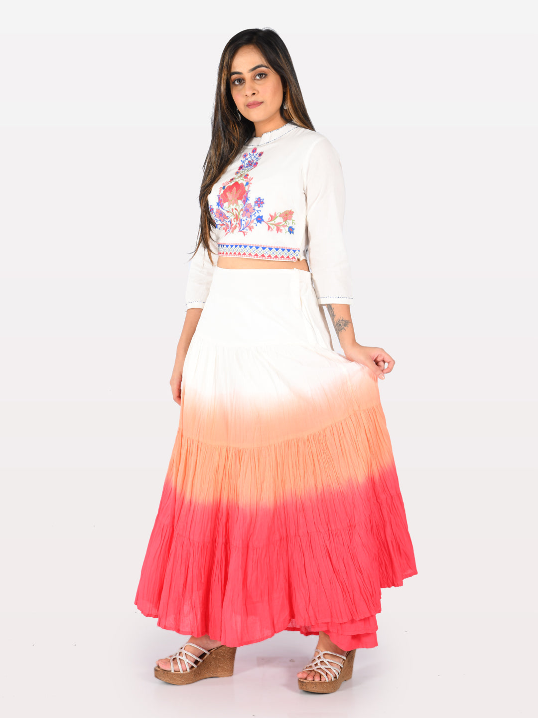 Neerus White cotton solid kurti crop top - detail view 3