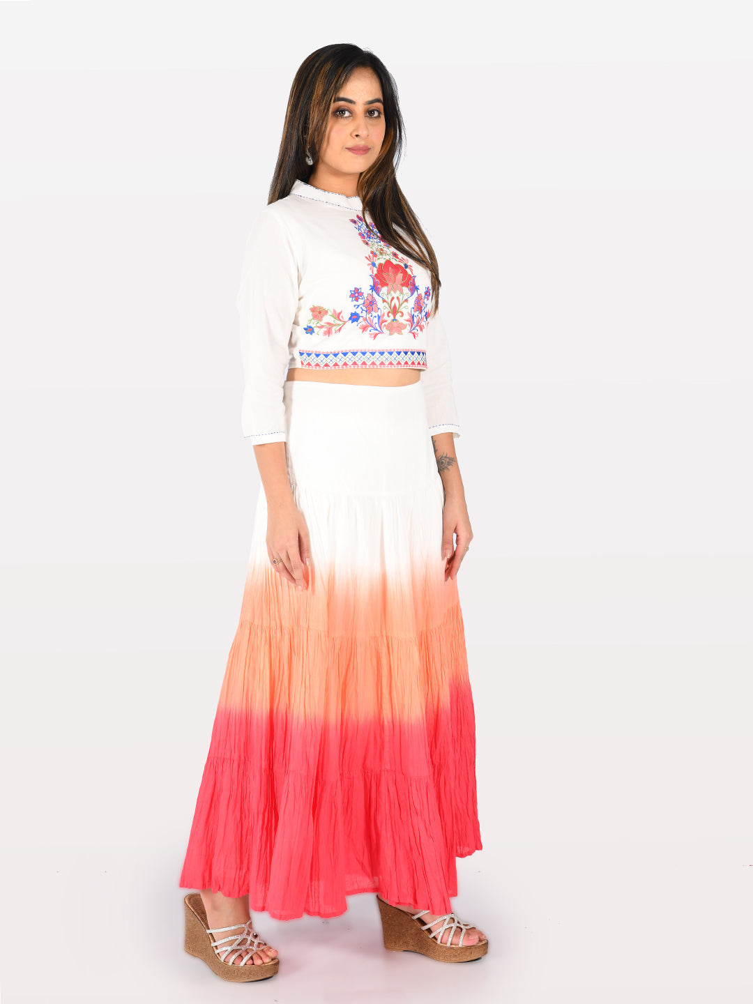 Neerus White cotton solid kurti crop top - front view